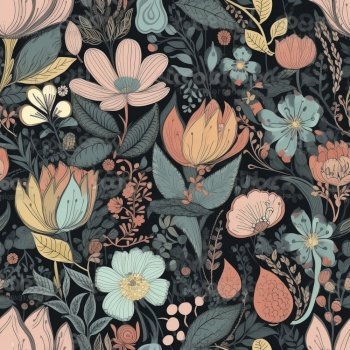 Boho style floral seamless pattern with black background, created with generative AI