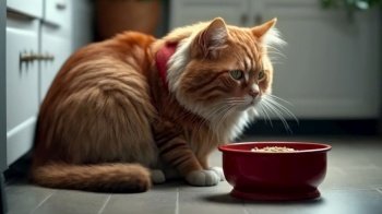 red cat with a bowl of food Generative AI.