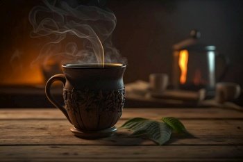 steaming hot tea on wooden table Generative AI.