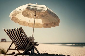 beach chair and an umbrella, summer vacation Generative AI.