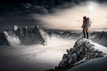 man climber climbing everest snowy mountains illustration Generative AI.