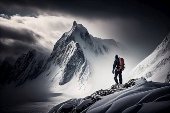climb man climbs snowy mountain illustration Generative AI.