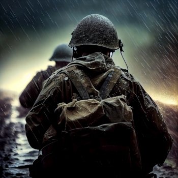 tired military soldier dramatic mood in the rain view from the back illustration Generative AI.