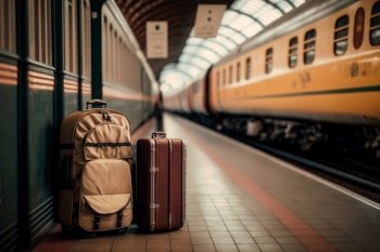 travel by train, travel suitcases baggage with luggage at the railway station 
 illustration Generative AI.