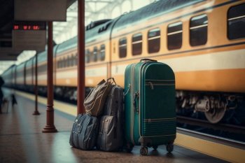 travel by train, travel suitcases baggage with luggage at the railway station 
 illustration Generative AI.
