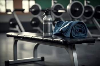 bottle and towel things for sports in the fitness gym illustration Generative AI.