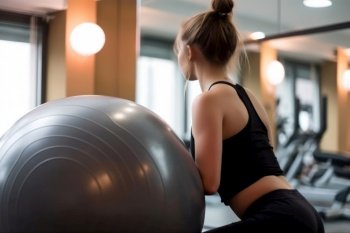 girl in the gym doing exercises with a fitness ball generative ai.