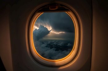 thunderstorm sky outside the airplane window Generative AI.