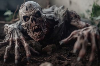 zombie skeleton crawls out of the ground, halloween horror generative ai.