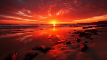 landscape orange evening sunset sky over the calm mirror surface of the sea generative ai.