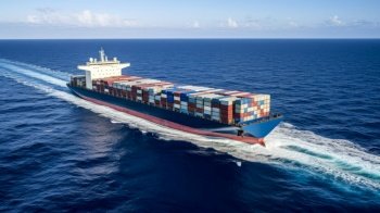 cargo ship with containers in ocean, international maritime logistics generative ai.