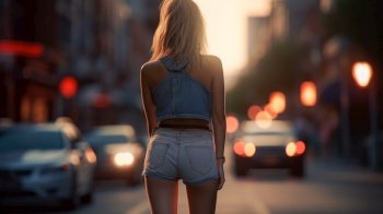 a girl in short denim shorts in the middle of a city evening road generative ai.
