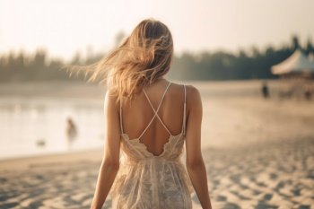 beautiful girl in a dress walks along the sandy beach back view generative ai.