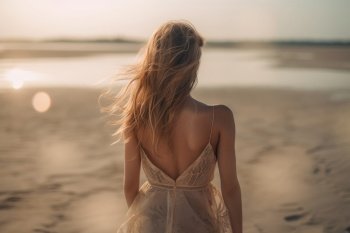 beautiful girl in a dress walks along the sandy beach back view generative ai.