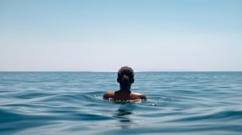 black girl swims in the sea back view generative ai.