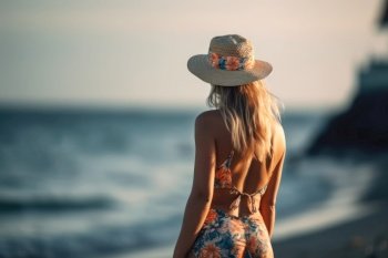 beautiful girl body in a swimsuit and a hat back view
summer holidays generative ai.