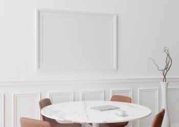 Empty picture frame on white wall in modern dining room. Mock up interior in classic style. Free space, copy space for your picture, text, or another design. Table, chairs, vase. 3D rendering. Empty picture frame on white wall in modern dining room. Mock up interior in classic style. Free space, copy space for your picture, text, or another design. Table, chairs, vase. 3D rendering.