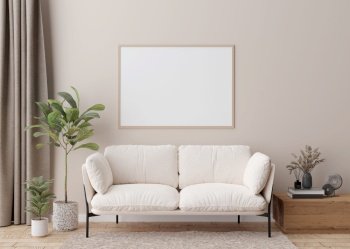 Empty horizontal picture frame on cream wall in modern living room. Mock up interior in scandinavian style. Free, copy space for your picture, poster. Sofa, table, dried grass, books. 3D rendering. Empty horizontal picture frame on cream wall in modern living room. Mock up interior in scandinavian style. Free, copy space for your picture, poster. Sofa, table, dried grass, books. 3D rendering.