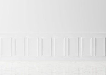 Empty room, white wall with moldings and marble floor. Only wall and floor. Mock up interior. Free, copy space for your furniture, picture and other objects. 3D rendering. Empty room, white wall with moldings and marble floor. Only wall and floor. Mock up interior. Free, copy space for your furniture, picture and other objects. 3D rendering.