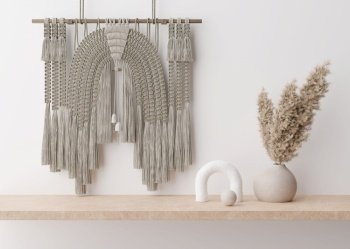 Handmade macrame hanging on the wall. Wall decor in Boho style, made of cotton threads in natural color using the macrame technique. Beautiful macrame wall panel, vase with pampas grass. 3D rendering. Handmade macrame hanging on the wall. Wall decor in Boho style, made of cotton threads in natural color using the macrame technique. Beautiful macrame wall panel, vase with pampas grass. 3D rendering.