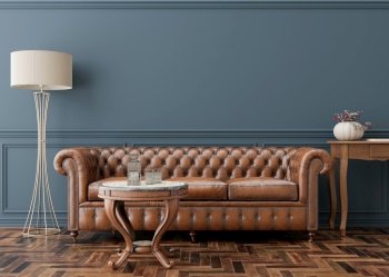 Empty blue wall in modern living room. Mock up interior in classic style. Copy space for your picture, poster. Template for artwork. Brown leather sofa, parquet floor, wall molding. 3D rendering. Empty blue wall in modern living room. Mock up interior in classic style. Copy space for your picture, poster. Template for artwork. Brown leather sofa, parquet floor, wall molding. 3D rendering.