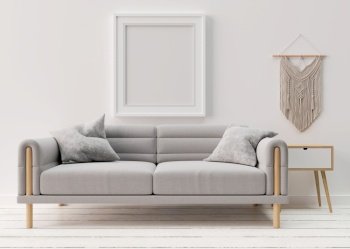 Empty picture frame on white wall in modern living room. Mock up interior in scandinavian, boho style. Free space, copy space for your picture. Grey sofa. 3D rendering. Empty picture frame on white wall in modern living room. Mock up interior in scandinavian, boho style. Free space, copy space for your picture. Grey sofa. 3D rendering.