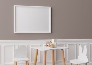 Empty white picture frame on brown wall in modern child room. Mock up interior in scandinavian style. Free, copy space for your picture. Table with chairs, toys. Cozy room for kids. 3D rendering. Empty white picture frame on brown wall in modern child room. Mock up interior in scandinavian style. Free, copy space for your picture. Table with chairs, toys. Cozy room for kids. 3D rendering.
