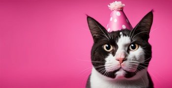 Cat having birthday. Cute pet celebrating b-day. Pink banner with copy space for text. Celebration, party concept. Generative AI. Cat having birthday. Cute pet celebrating b-day. Pink banner with copy space for text. Celebration, party concept. Generative AI.
