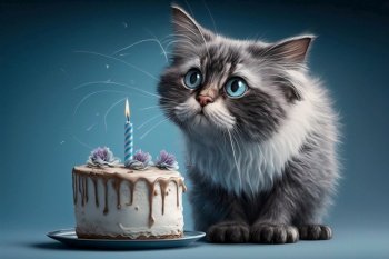 Cat having birthday. Cute pet celebrating b-day. Celebration, party concept. Generative AI. Cat having birthday. Cute pet celebrating b-day. Celebration, party concept. Generative AI.