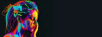 Sad woman, sketch effect with neon colors . Headache, depression, negative emotions concept. Problems with mental health. Sadness. Banner with copy space, black background. Generative AI. Sad woman, sketch effect with neon colors . Headache, depression, negative emotions concept. Problems with mental health. Sadness. Banner with copy space, black background. Generative AI.