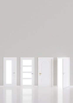 Modern white doors in empty room. Copy space for text, advertising. Production and trade of interior doors. Stylish internal door. Manufacture and sale. Vertical layout. 3D rendering. Modern white doors in empty room. Copy space for text, advertising. Production and trade of interior doors. Stylish internal door. Manufacture and sale. Vertical layout. 3D rendering.