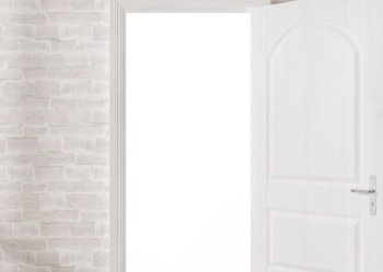 Opened door in empty white room. Copy space. Template to integrate your picture, text. Close up view. 3D rendering. Opened door in empty white room. Copy space. Template to integrate your picture, text. Close up view. 3D rendering.