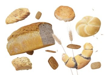 Wheat ears, bread, pastries isolated on white background. Celiac disease and gluten intolerance concept. Healthcare, healthy eating, healthy lifestyle, gluten free diet. 3D rendering. Wheat ears, bread, pastries isolated on white background. Celiac disease and gluten intolerance concept. Healthcare, healthy eating, healthy lifestyle, gluten free diet. 3D rendering.