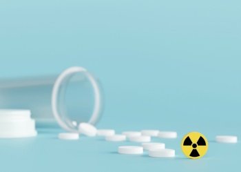 Anti-Radiation Pills, Iodine tablets, tablets for radiation protection. Potassium iodine tablet protecting against the dangers of accidental exposure to radioactivity. Nuclear threats. 3d rendering. Anti-Radiation Pills, Iodine tablets, tablets for radiation protection. Potassium iodine tablet protecting against the dangers of accidental exposure to radioactivity. Nuclear threats. 3d rendering.