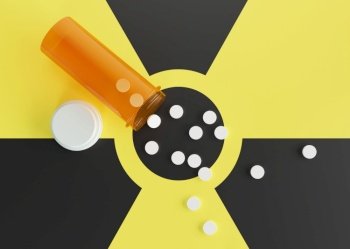 Anti-Radiation Pills, Iodine tablets, tablets for radiation protection. Potassium iodine tablet protecting against the dangers of accidental exposure to radioactivity. Nuclear threats. 3d rendering. Anti-Radiation Pills, Iodine tablets, tablets for radiation protection. Potassium iodine tablet protecting against the dangers of accidental exposure to radioactivity. Nuclear threats. 3d rendering.