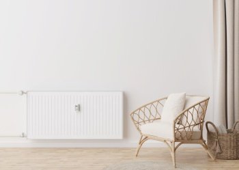 White heating radiator with thermostat on white wall in modern room. Central heating system. Free, copy space for your text. 3D rendering. White heating radiator with thermostat on white wall in modern room. Central heating system. Free, copy space for your text. 3D rendering.