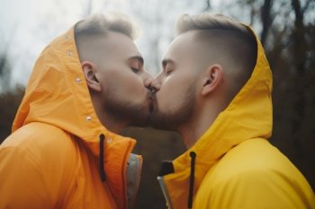 Two young men spending time together, kissing. LGBT, gay couple, relationship. Diversity, homosexuality. Partners with non-traditional sexual orientation. Sensual moment. Generative AI. Two young men spending time together, kissing. LGBT, gay couple, relationship. Diversity, homosexuality. Partners with non-traditional sexual orientation. Sensual moment. Generative AI.