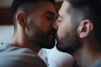 Two young men spending time together, kissing. LGBT, gay couple, relationship. Diversity, homosexuality. Partners with non-traditional sexual orientation. Sensual moment. Generative AI. Two young men spending time together, kissing. LGBT, gay couple, relationship. Diversity, homosexuality. Partners with non-traditional sexual orientation. Sensual moment. Generative AI.