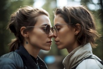 Two young women spending time together, kissing. LGBT, lesbian couple, relationship. Diversity, homosexuality. Partners with non-traditional sexual orientation. Sensual moment. Generative AI. Two young women spending time together, kissing. LGBT, lesbian couple, relationship. Diversity, homosexuality. Partners with non-traditional sexual orientation. Sensual moment. Generative AI.