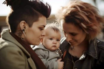 Happy lesbian couple with baby. LGBTQ family and relationship. Diversity, homosexuality. Partners with non-traditional sexual orientation. Sensual moment. Same sex couple having child. Generative AI. Happy lesbian couple with baby. LGBTQ family and relationship. Diversity, homosexuality. Partners with non-traditional sexual orientation. Sensual moment. Same sex couple having child. Generative AI.
