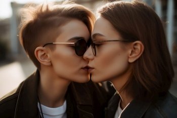 Two young women spending time together, kissing. LGBT, lesbian couple, relationship. Diversity, homosexuality. Partners with non-traditional sexual orientation. Sensual moment. Generative AI. Two young women spending time together, kissing. LGBT, lesbian couple, relationship. Diversity, homosexuality. Partners with non-traditional sexual orientation. Sensual moment. Generative AI.