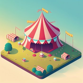 Cartoon isometric circus tent, amusement park on yellow background, Generative AI. Cartoon isometric ciscus tent, amusement park. Generative AI