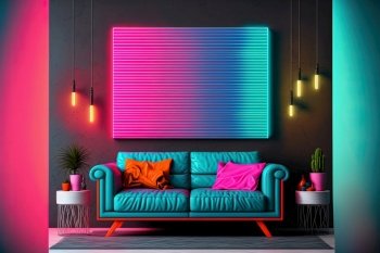 Wall with colorful neon led light futuristic shapes and sofa, modern interior design concept. Abstract background with glow. AI. Wall with neon led light shapes. Abstract dark glow background. AI