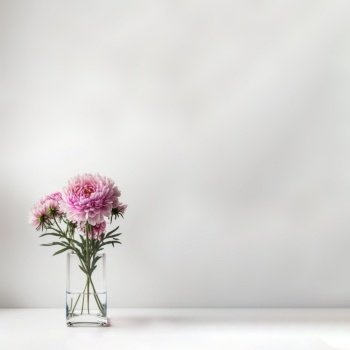 Pink blossom flower in glass vase on table with white background. Copy space.