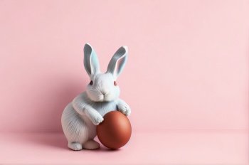 Easter bunny rabbit hold painted egg on pink background. Generative AI.