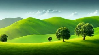 Ecological idea wallpaper featuring a green natural scene with trees and hills. Generative AI.