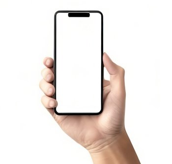 A hand holding the white screen of a smartphone. Generative AI.