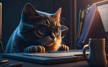 Cat works at the desk while sporting glasses and using a laptop with bokeh background. Generative AI.
