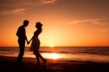 Sunset Serenity: Silhouette of a Couple on the Beach. Generative AI.