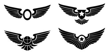 Set of black wings icons. Wings badges. Wings silhouette design elements